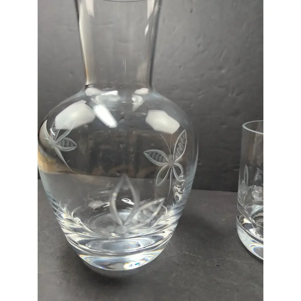 VTG‎ Glass Tumble Up Etched ButterfliesPitcher &Glass Bedside Water Carafe 7 IN